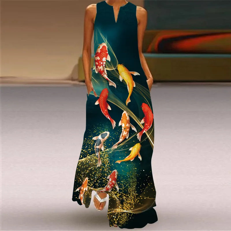 Elegant Women's Pocket Insert New Vintage Loose Fit Long Dress 2023 Women's V-neck Sexy Sleeveless Peacock Animal Print Vestidos