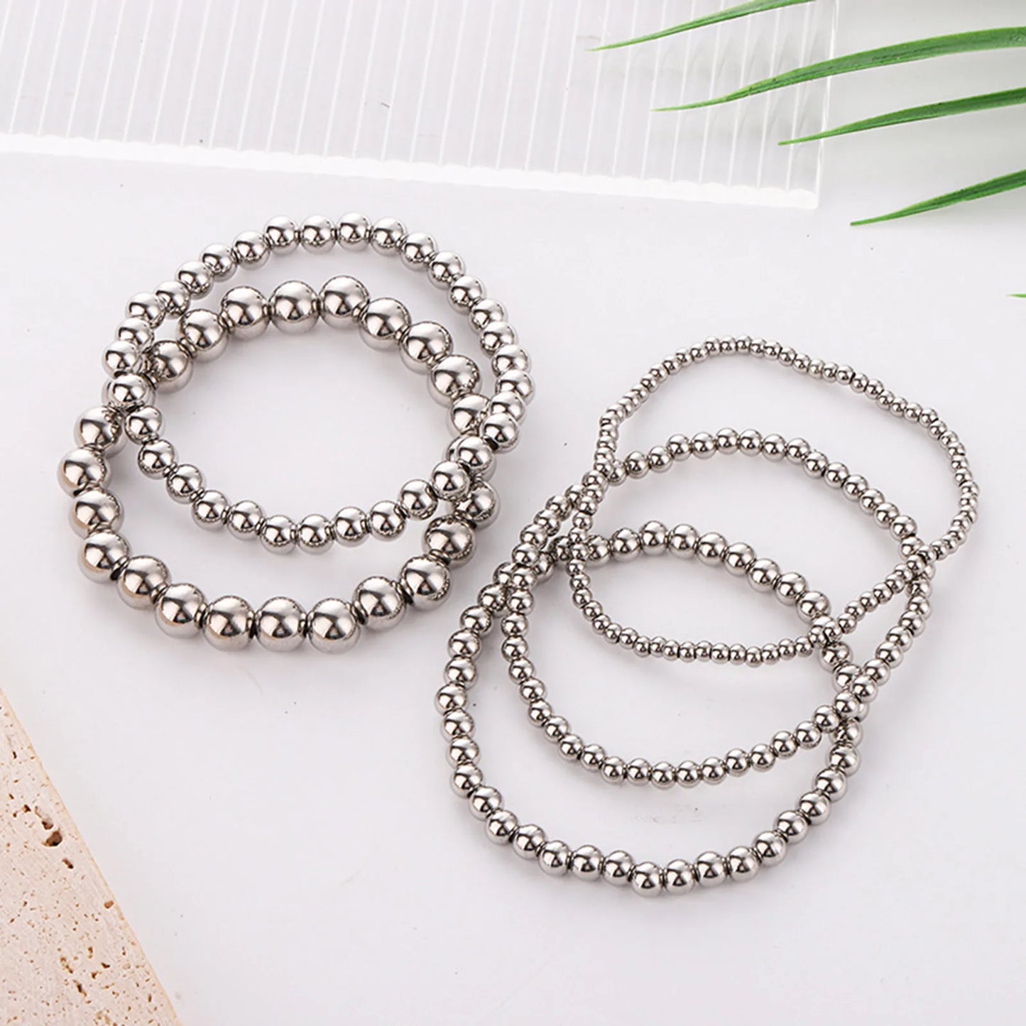 3 4 5 6 8mm Stainless Steel Beaded Bracelets Jewelry Silver Color Elastic For Women Men Party Bracelets Jewelry Gifts 18cm long