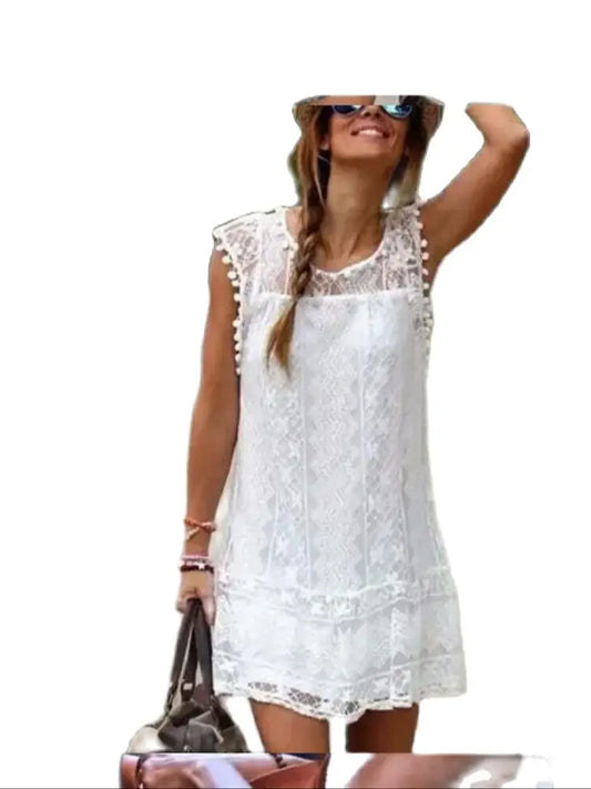 1pcs/lot Women Casual Beach Short Dress  Black White knee- length Lace Dress Sexy summer dress