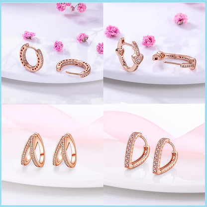 100% 925 Sterling Silver Rose Gold Heart Geometric Pave CZ Hoop Earrings For Women Wedding Engagement Birthday Jewelry Gift 2024