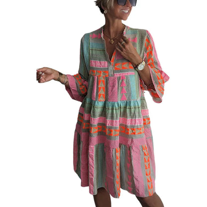 Elegant Women's Loose Casual Print Dresses Spring/Summer Fashion V-Neck Cotton Hemp 3/4 Sleeve Dress Women Streetwear S-XL