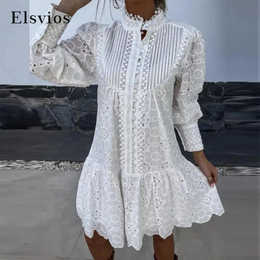 Elegant Long-Sleeved Button-Up Bohemian Dress Fashion Holiday Beach Solid Color Dress Women Stand-Up Collar Lace Splicing Dress