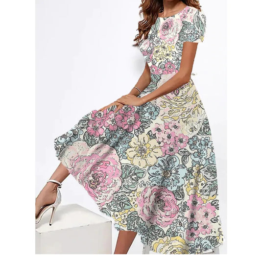 2023 New Womens Dresses 3d Flowers Print Short Sleeve Clothes Fashion Loose Elegant Skirt Summer Lady Oversized Vacation Dress