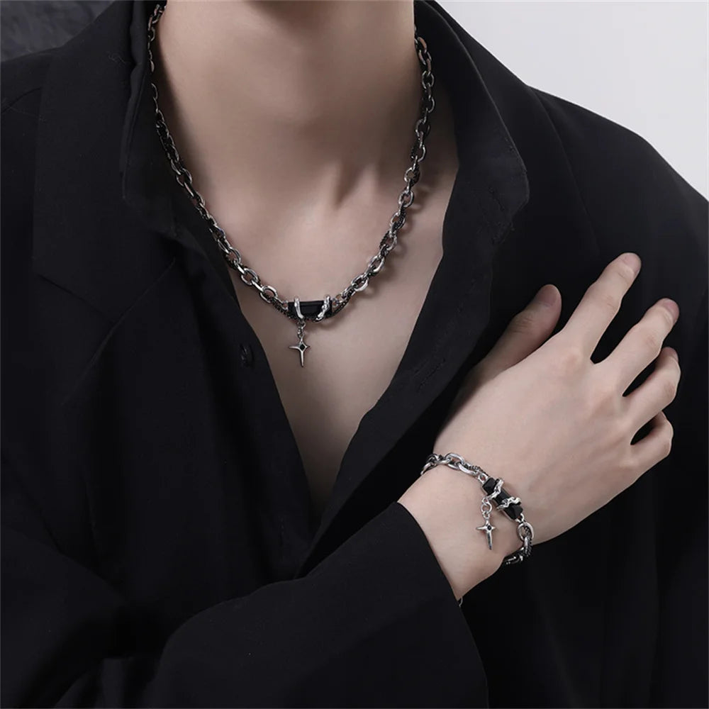 2023 Retro Black Zircon Star Bracelet For Women Men Trend Titanium Steel Punk Nk Chain Unisex Jewelry New Couple Accessories
