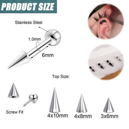 ZS 1PC 18G Spike Cone Earrings Round Ball Spike Stud for Men Women Black Color Cartilage Earring Helix Tragus Piercing  Jewelry