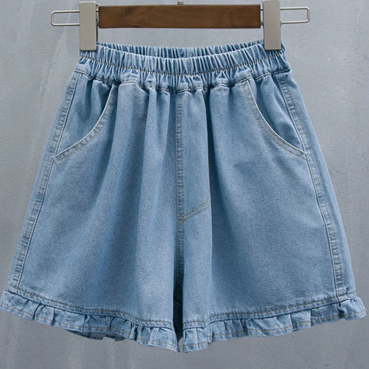 Short Pants for Woman To Wear Elastic Waist Women's Shorts Denim Mid Length Kawaii Cute Ruffle Knee Jeans Bermuda Half Outdoor