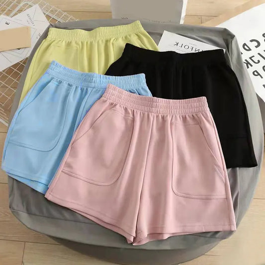 Women's Shorts With Pocket High Waist Hot Pants Casual Loose Sports Pants Elastic Waist Girls Cycling Shorts Summer Solid Color