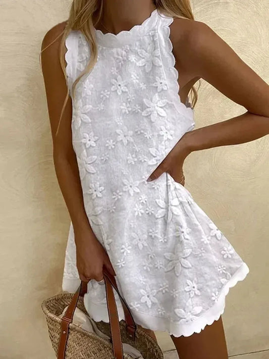 Elegant Women's White Summer Sleeveless Round Neck Loose Princess Dress Fashion New Casual Loose Lolita Tank Top Dress Vestidos