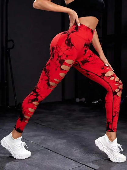 Women Tie Dye Hollow Out Leggings Sports Pants Fitness Sportswear Sexy High Waisted Push Up Gym Tights Red Running Leggings
