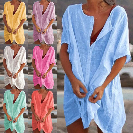 Women's Blouse Beach Shirt Summer Tops Casual Cover-ups Mini Dresses Fashion Solid Loose Tunics Female Swimwear
