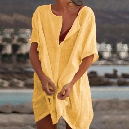 Women's Blouse Beach Shirt Summer Tops Casual Cover-ups Mini Dresses Fashion Solid Loose Tunics Female Swimwear