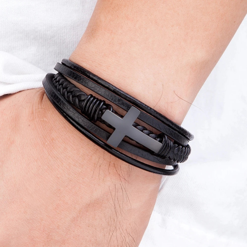 XQNI Luxury Multicolor Cross Design Classic Stainless Steel Men's Leather Bracelet 19/21/23cm Choose Handsome Christmas Gifts