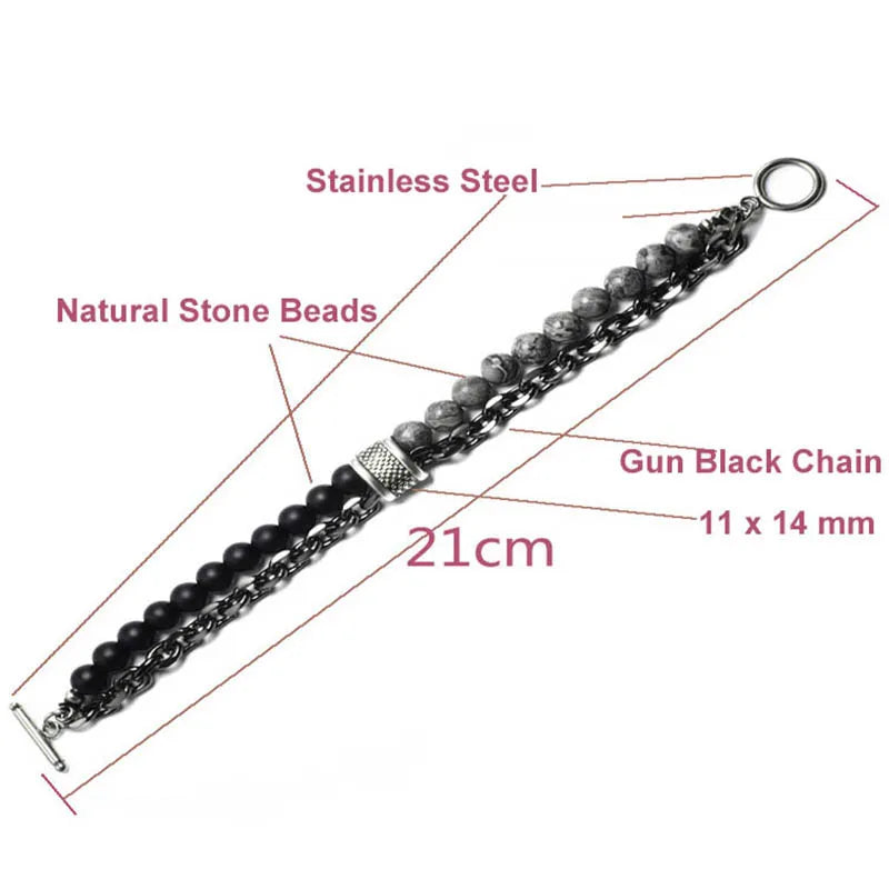 2 Layers Gun Black Stainless Steel Chain Bracelet Men's Tiger Eye Natural Stone Beads Bracelet for Men Beads Strand Braclet Gift