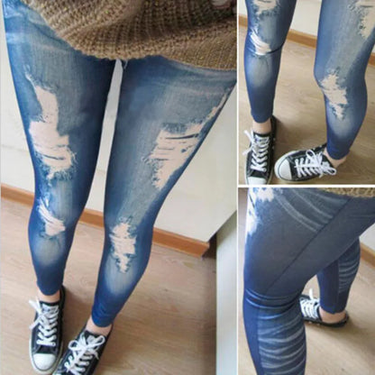 Women Ripped Denim Jean Look Skinny Leggings Slim Jeggings Trousers Blue Black