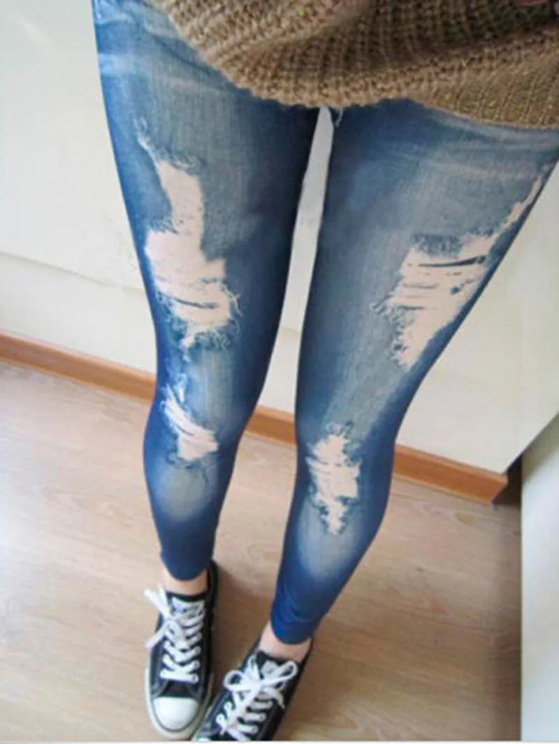Women Ripped Denim Jean Look Skinny Leggings Slim Jeggings Trousers Blue Black