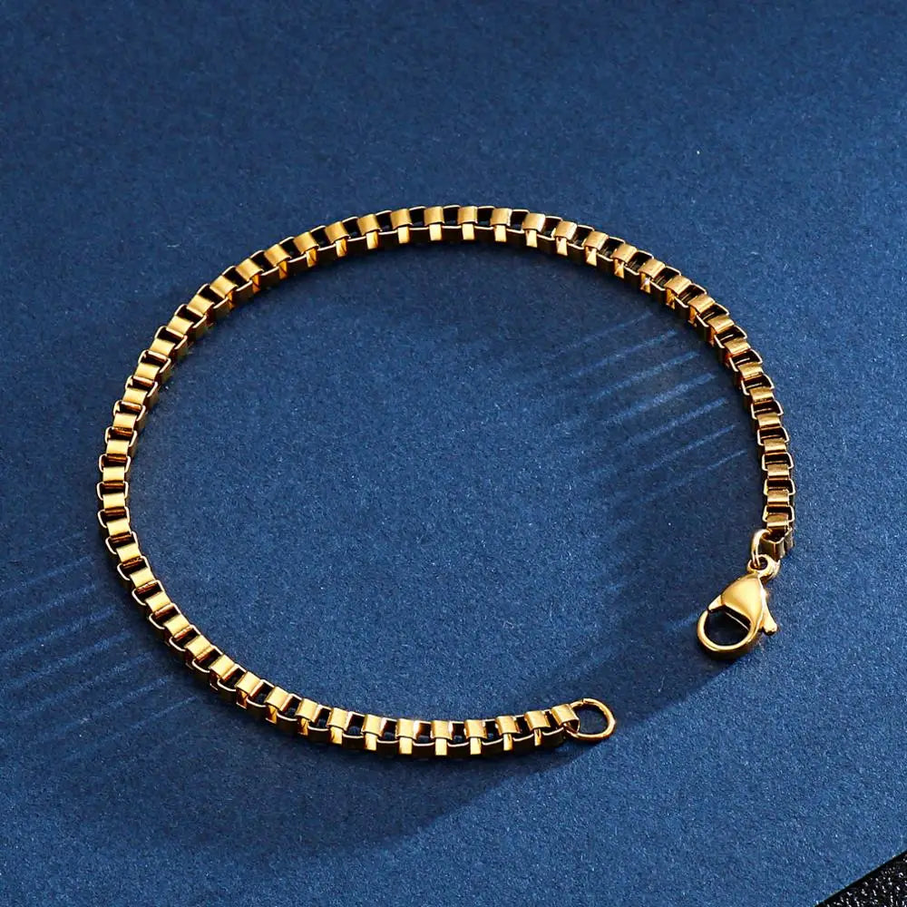 2/2.5/3mm Stainless Steel Gold Color Box Chain Bracelet Unisex Couple Mini Fashion Jewelry