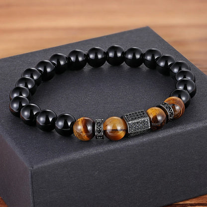 XQNI Matte Onyx Stone&amp;Tiger Eye Combination Stitching with Cubic Zircon Hand Jewelry Beads Bracelet Elastic Stretch Men Bracelet
