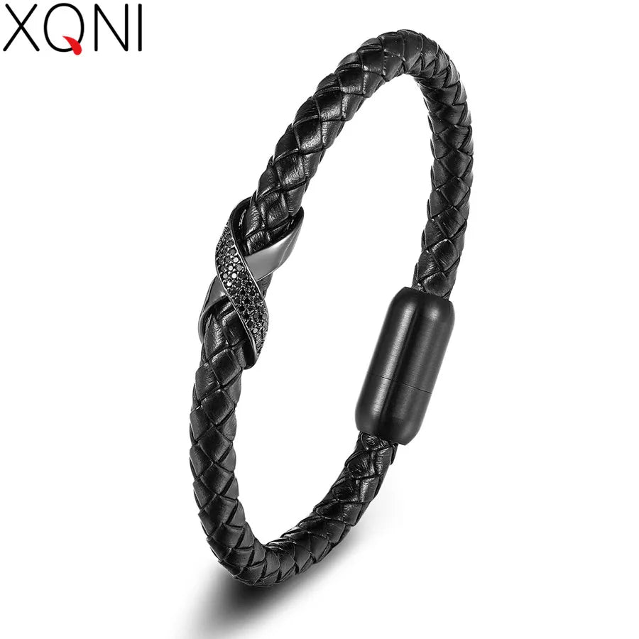 XQNI Infinity Logo Design Leather Bracelet for Men Cross Luxury Stainless Steel Jewelry Gift Bangles with Magnetic Buckle