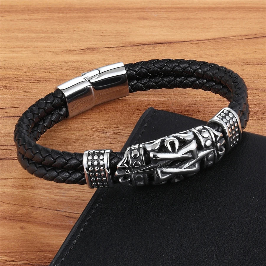 XQNI Punk Style Ancient Architecture Totem Elegant Small Adornment Article Genuine Leather Bracelet Double Layer Hand Jewelry Gift
