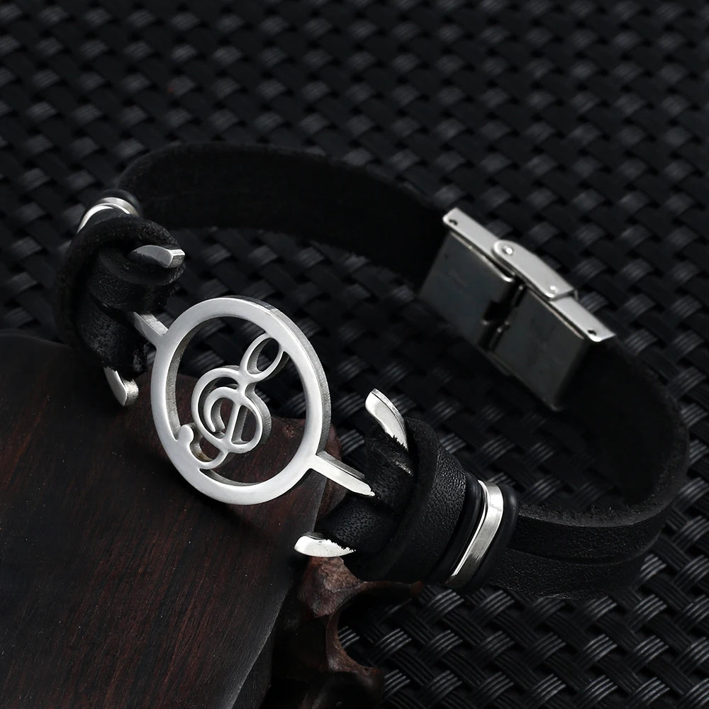 2021 Vintage Fashion Stainless Steel Hollow Carved Musical Note Leather Bracelet Charm Double Cuff Bracelet for Men Pulseira