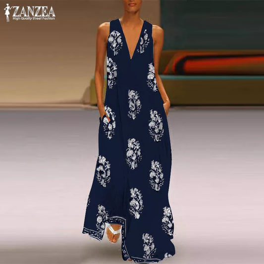 ZANZEA 2023 Bohemian Print Dress Women's Summer Sundress Fashion Sexy V Neck Sleeveless Maxi Dresses Female Floral Robe Femme