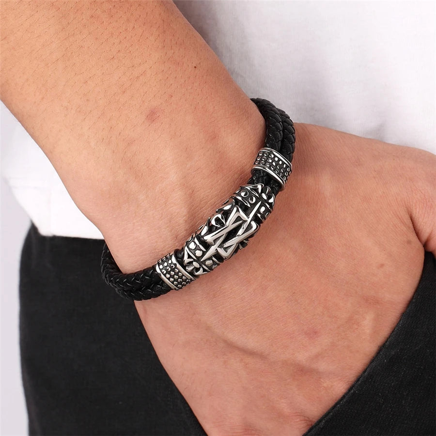 XQNI Punk Style Ancient Architecture Totem Elegant Small Adornment Article Genuine Leather Bracelet Double Layer Hand Jewelry Gift