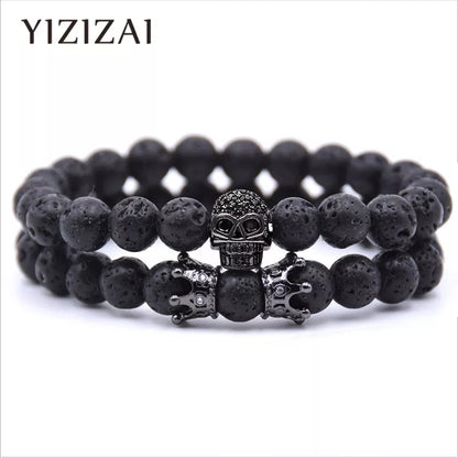 YIZIZAI Skull Crown Couple Bracelet Beads Bracelets For Women Jewelry Men Pulseira Masculina Feminina 2018 Men's Erkek Bileklik