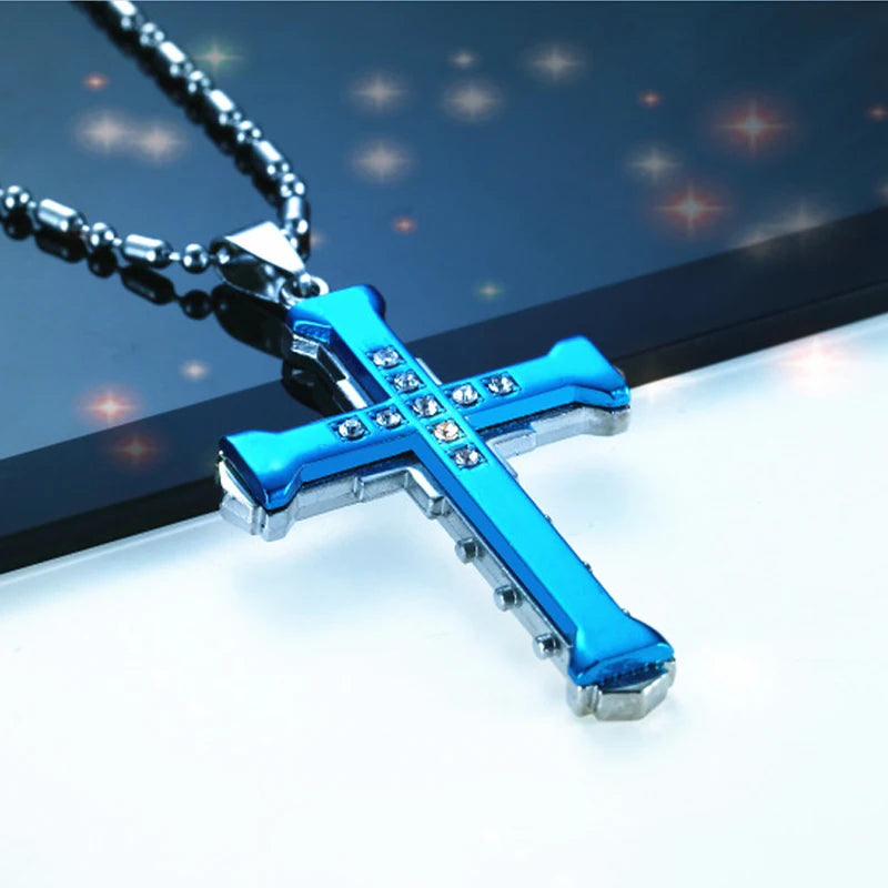 2024 New Male Crystal Cross Jesus Pendant Gold/Black/Blue Color Zirconia Cross Pendant Necklace Stainless Steel Jewelry