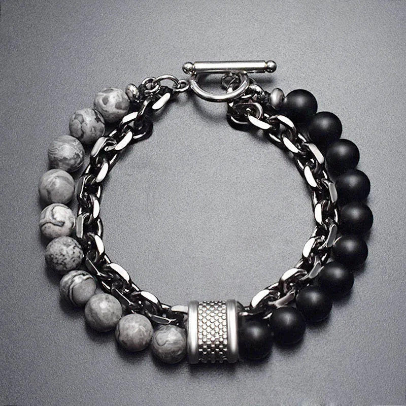 2 Layers Gun Black Stainless Steel Chain Bracelet Men's Tiger Eye Natural Stone Beads Bracelet for Men Beads Strand Braclet Gift
