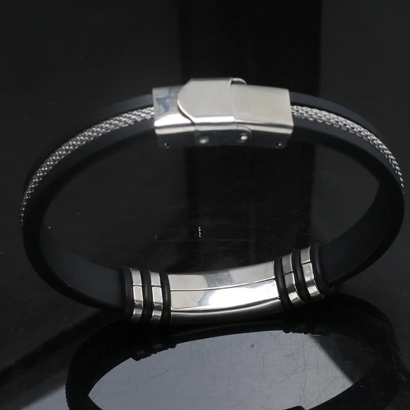 2021 Fashion Glamour Jewelry Stainless Steel Silicone Popcorn Chain Bracelet Retro Titanium Steel Cuff Rubber Bracelet for Men