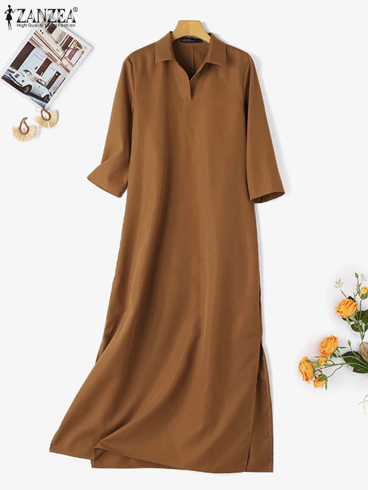 ZANZEA Woman Fashion Split Hem Dress Autumn 3/4 Sleeve Lapel Neck Maxi Robe Elegant OL Work Sundress Casual Street Dresses 2023