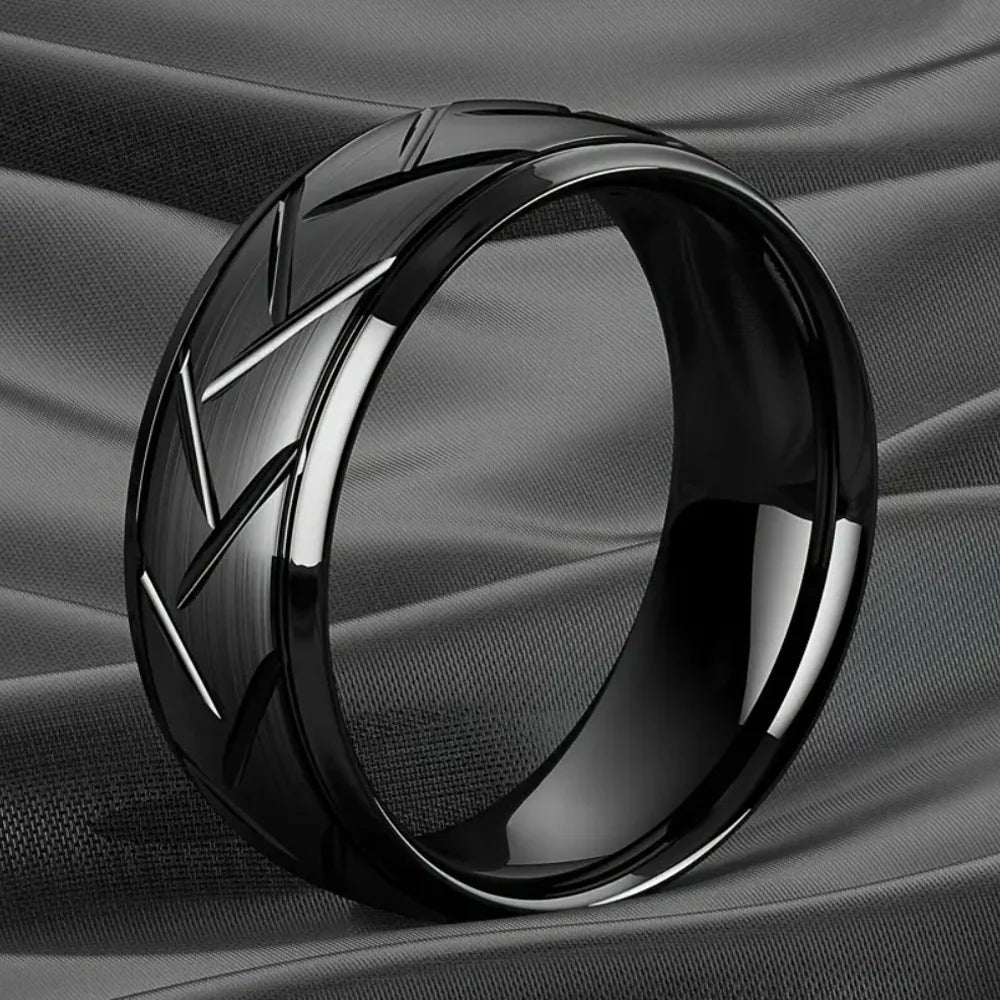 1pc Fashion Men's Black Stainless Steel Ring Groove Multi-Faceted Ring For Men Women Engagement Ring Anniversary Gifts