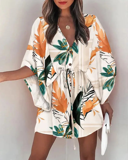Women's Summer Flying Sleeves Sexy V-neck Lace Up Print Beach Dress 2023 Women's Spring Quarter Sleeve Loose Button Mini Dress