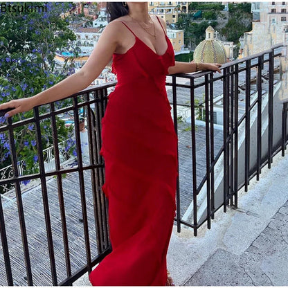 2024 Women's Ruffles Chiffon Maxi Dresses Backlesss Split Sexy Porm Dress Red Long Summer Wedding Party Dress Elegant Vestidos