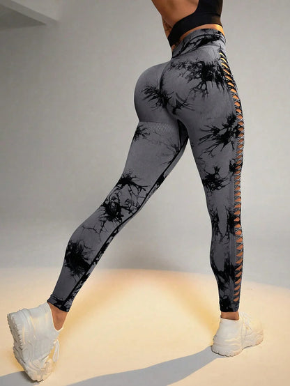Women Tie Dye Hollow Out Leggings Sports Yoga Pants Fitness Sportswear Sexy High Waist Push Up Gym Tights Running Leggings