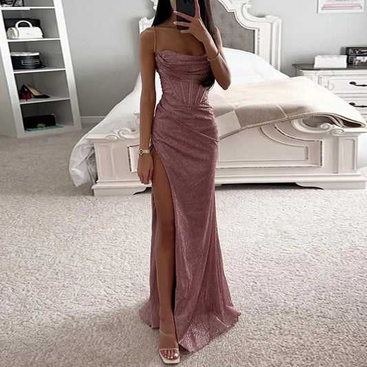 Women Polyester Maxi Dress Elegant Sequin Spaghetti Strap Evening Dress with Off Shoulder Detail High Split Loose High for Lady