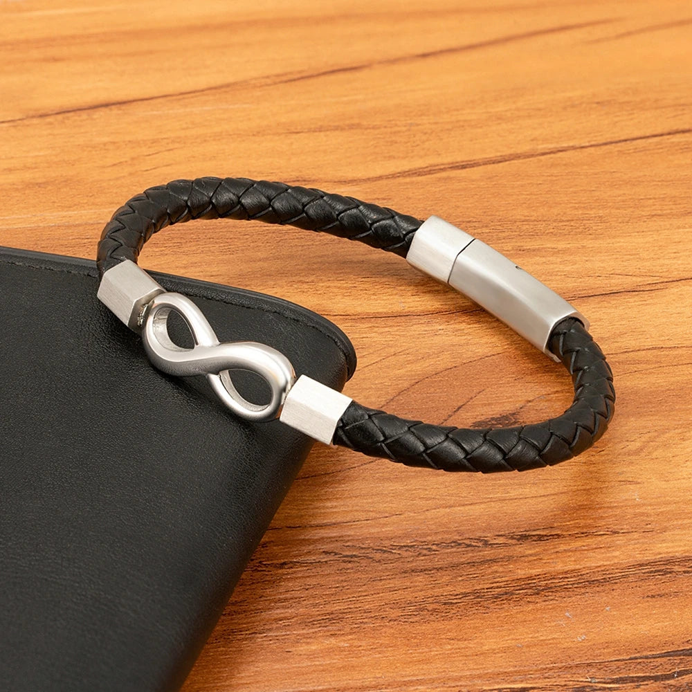 XQNI Leather Bracelet Infinity Shape Special Popular Pattern Men's Bracelet for Men Stainless Steel Jewelry Accessories Gift