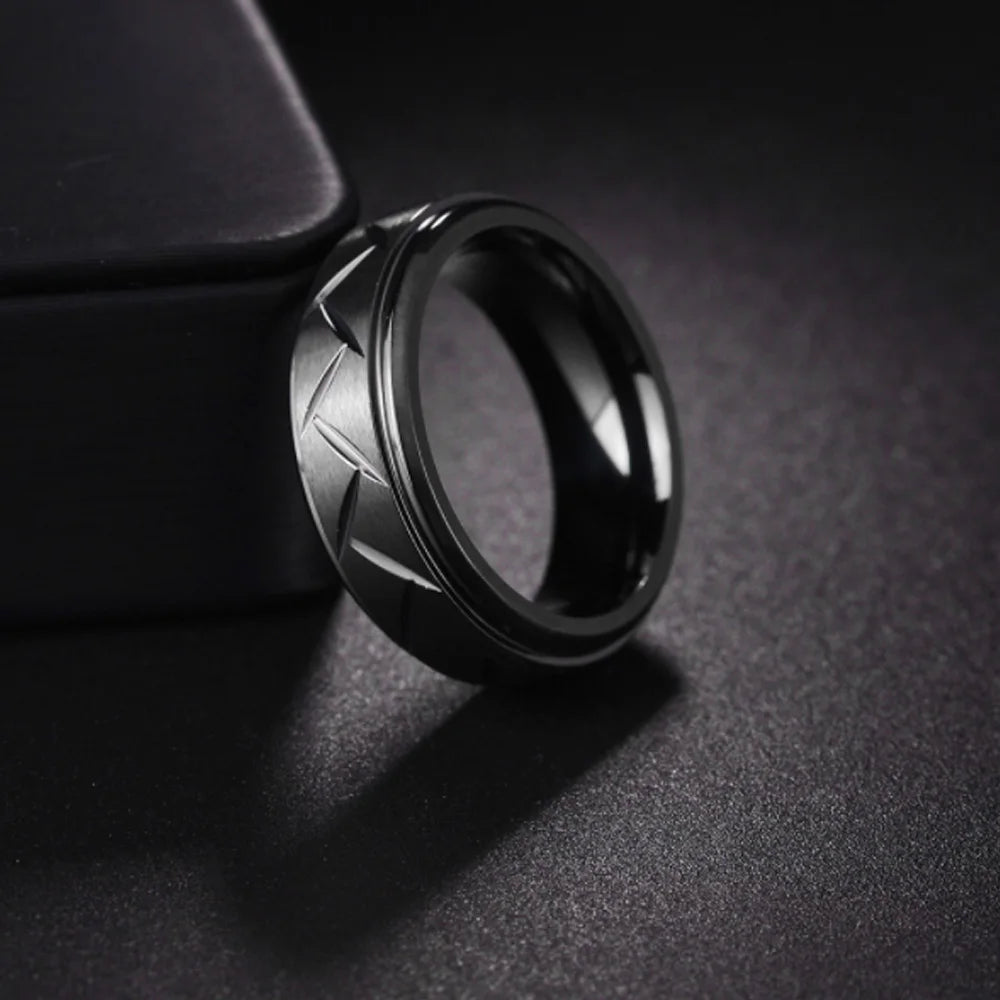 1pc Fashion Men's Black Stainless Steel Ring Groove Multi-Faceted Ring For Men Women Engagement Ring Anniversary Gifts