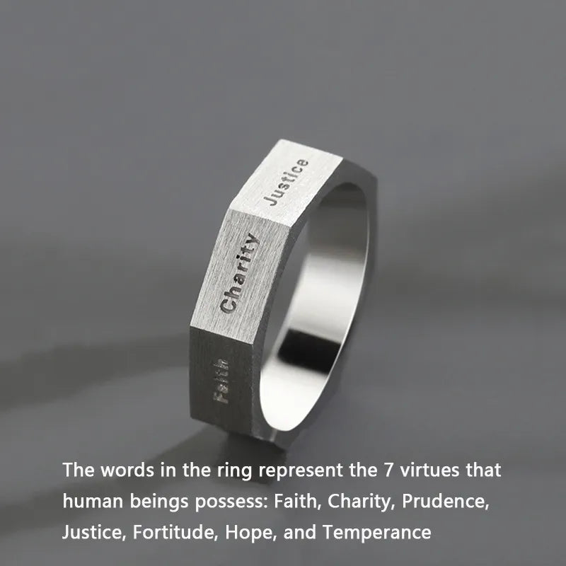 YIZIZAI Human 7 Kinds of Virtue Rings Men Retro Creative Opening Silver Color Rings Faith and Hope Jewelry for Women Gift New