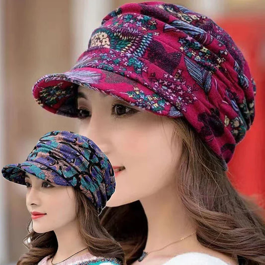 Women Hat Short Brim Warm Foldable Earflap Women Cap Ethnic Style Floral Print Autumn Winter Hat Daily Clothing Turban Visor