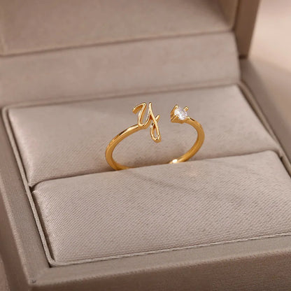 Zircon Initial Letter Rings For Women Stainless Steel Ring AZ Letters Finger Ring Wedding Christmas Jewelry Gift Bijoux Femme