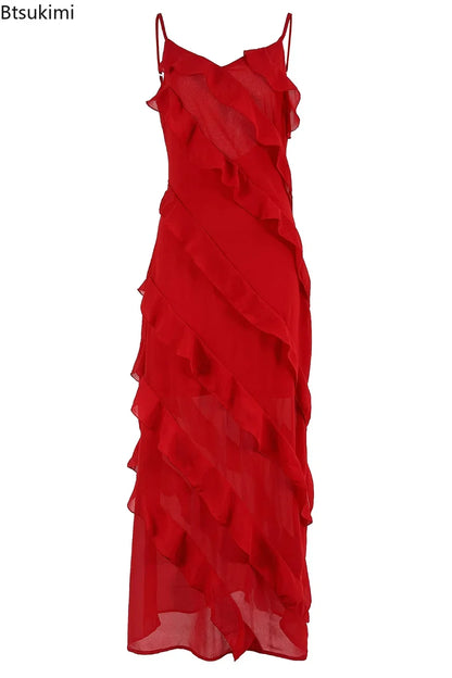 2024 Women's Ruffles Chiffon Maxi Dresses Backlesss Split Sexy Porm Dress Red Long Summer Wedding Party Dress Elegant Vestidos