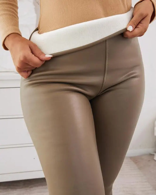 Women's Pants 2023 Summer Fashion Pu Leather Fleece Lined Thermal Casual High Waist Plain Skinny Daily Long Leggings