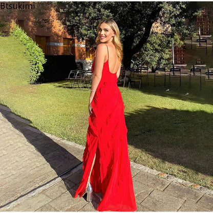 2024 Women's Ruffles Chiffon Maxi Dresses Backlesss Split Sexy Porm Dress Red Long Summer Wedding Party Dress Elegant Vestidos