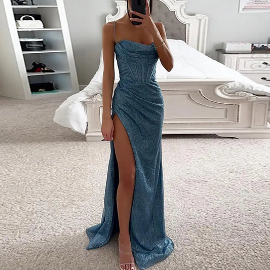 Women Polyester Maxi Dress Elegant Sequin Spaghetti Strap Evening Dress with Off Shoulder Detail High Split Women's for Special