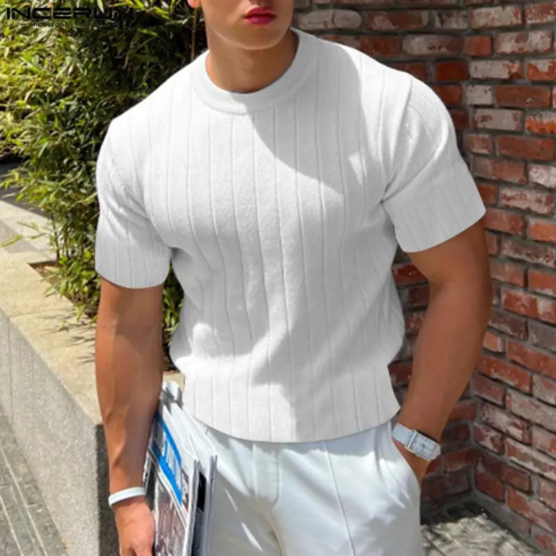 Handsome Well Fitting Tops INCERUN New Men Knitted O-Neck Well Fitting T-shirts Casual Fashion Solid Short Sleeve Camiseta S-5XL