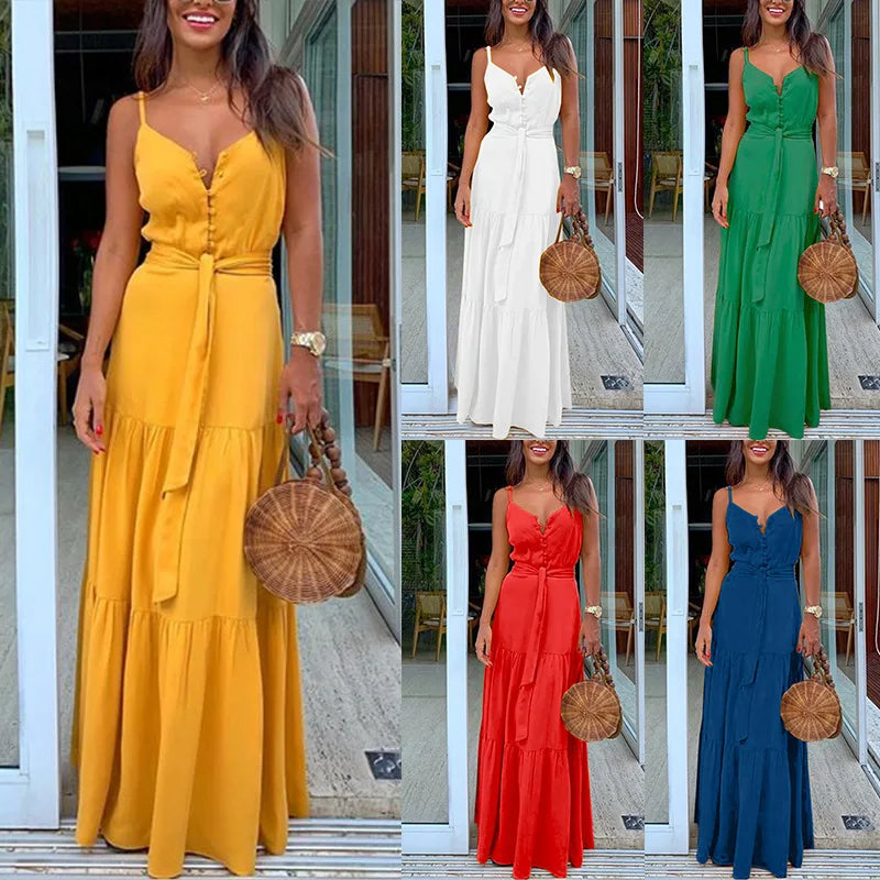 Womens Summer Spaghetti Strap Long Dress Bohemian Style Sleeveless V-neck Elegant Lady Dresses Casual Maxi Beach Party Vestidos