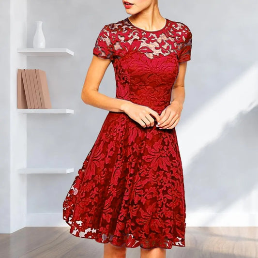 Women Summer Dress See-through Hollow Out Lace Party Mini Dress Round Neck A-line Plus Size Prom Dress Women Clothes