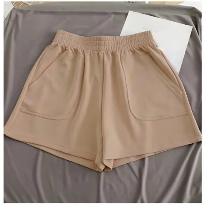 Women's Shorts With Pocket High Waist Hot Pants Casual Loose Sports Pants Elastic Waist Girls Cycling Shorts Summer Solid Color