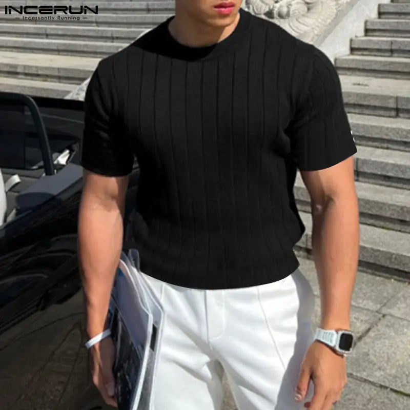Handsome Well Fitting Tops INCERUN New Men Knitted O-Neck Well Fitting T-shirts Casual Fashion Solid Short Sleeve Camiseta S-5XL
